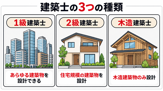 1級建築士・2級建築士・木造建築士の、設計できる建築物の違いを示した図