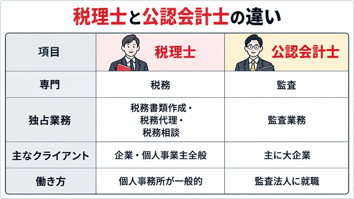 税理士と公認会計士の専門・独占業務・クライアント・働き方の違いを比較した図
