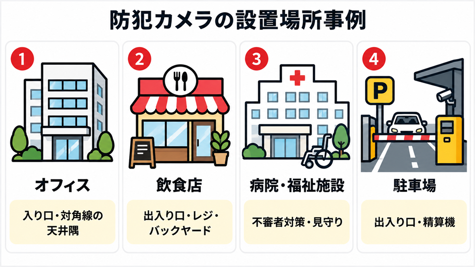 オフィス・飲食店・病院・駐車場ごとの防犯カメラのおすすめ設置場所をまとめた図