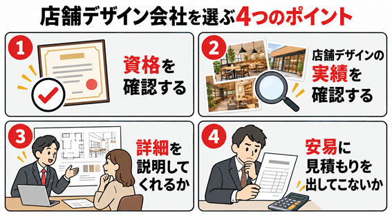 資格や実績の確認など、店舗デザイン会社を選ぶ際の4つのポイントをまとめた図