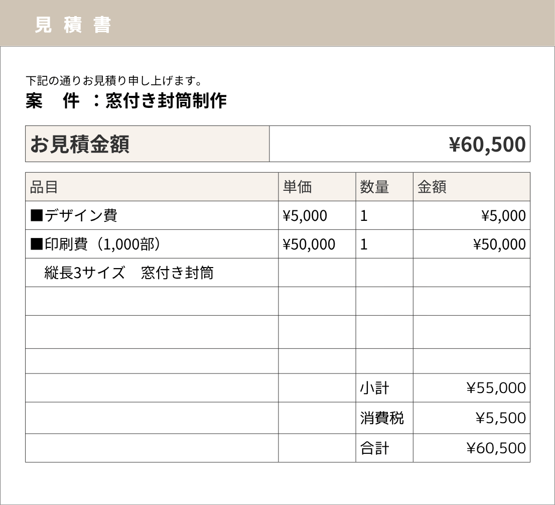 封筒印刷の見積もり例1