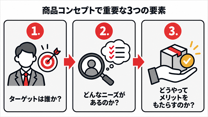 商品コンセプトで重要な3つの要素(ターゲット・ニーズ・メリットの実現方法)をまとめた図