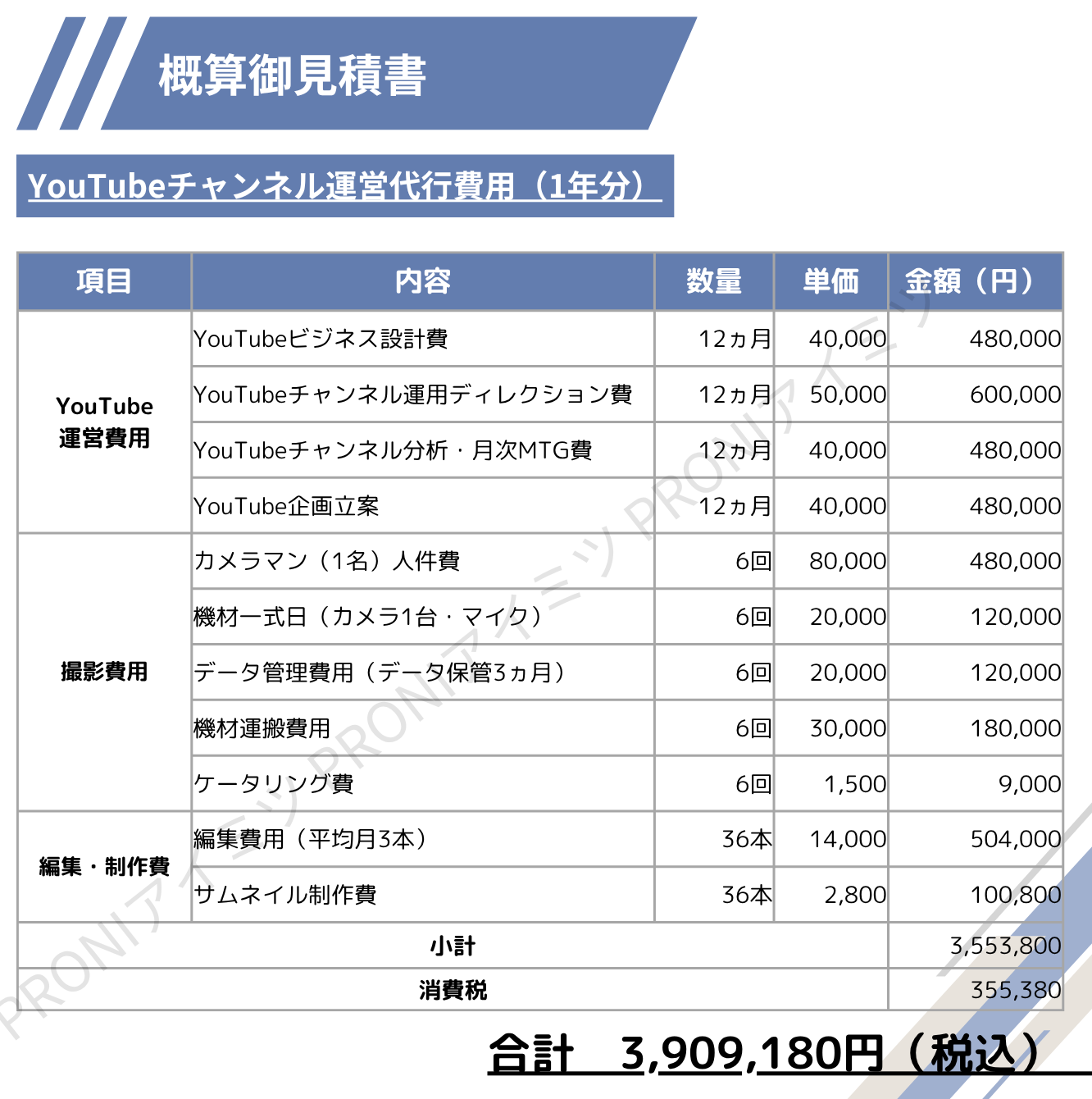 YouTubeチャンネルの運用代行（年36本）…390万9,180（税込）