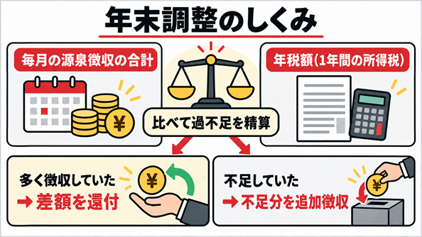 毎月の源泉徴収額の合計と年税額を比べ、還付か追加徴収で精算する年末調整のしくみの図