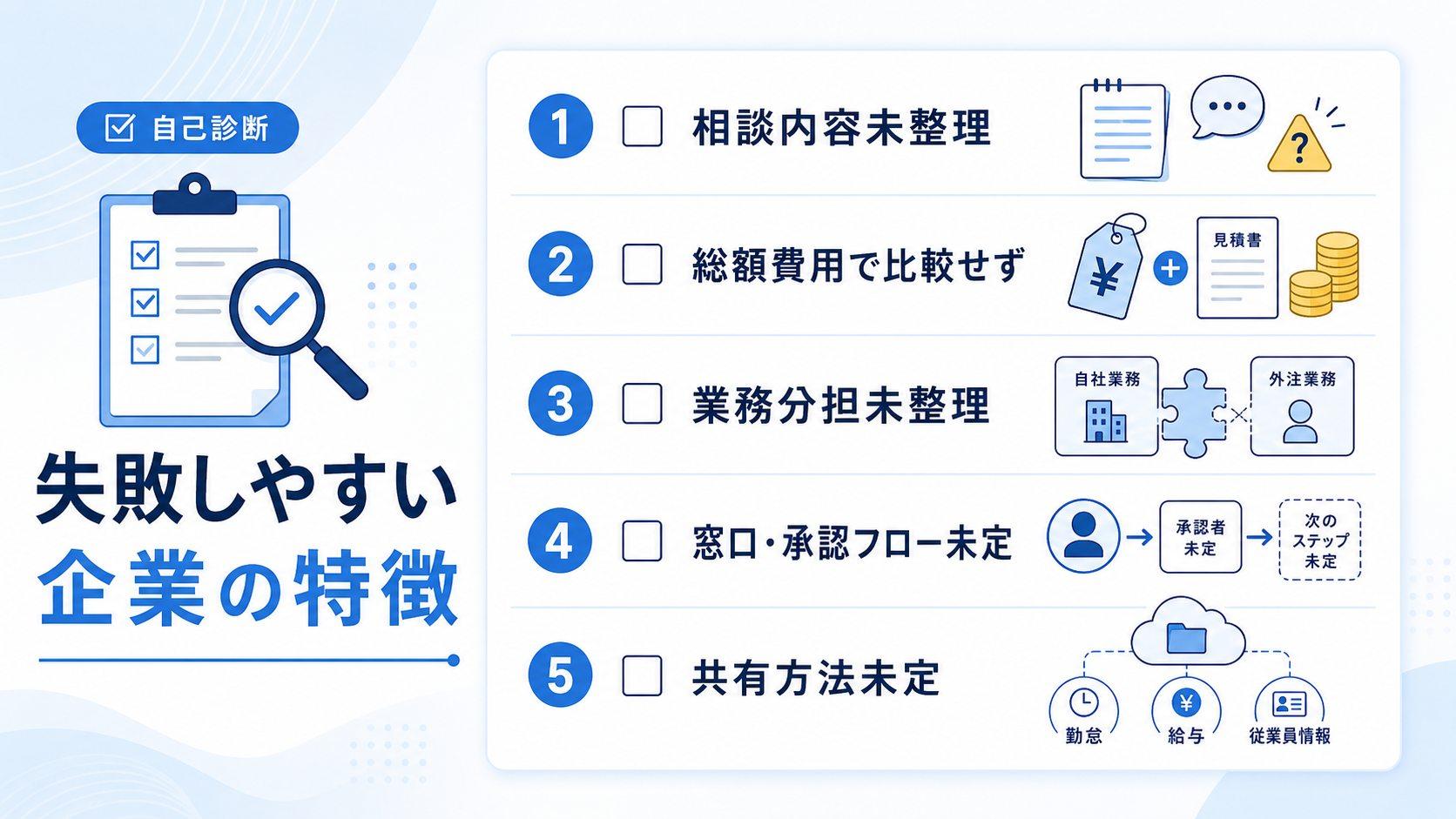 社会保険労務士への依頼で失敗しやすい企業の特徴【自己診断付き】