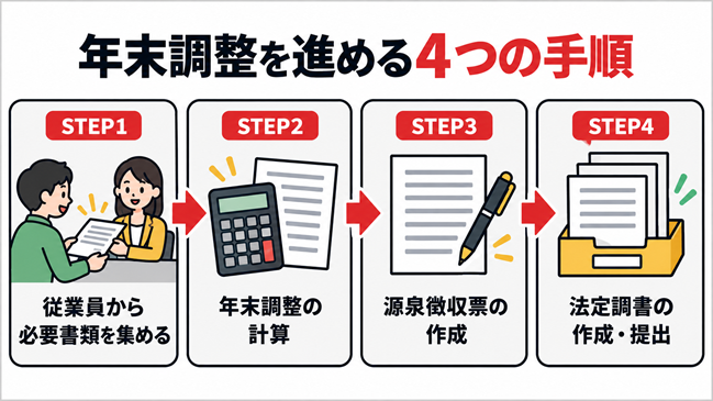 従業員からの書類回収から法定調書の提出まで、年末調整の4つの手順を示したフロー図