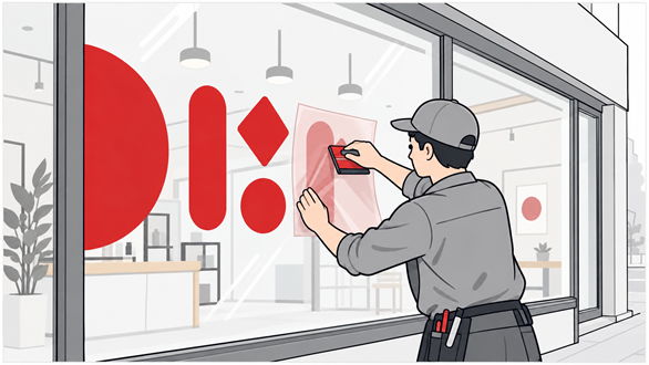 店舗の窓ガラスにカッティング切文字を貼り付ける看板職人の作業イメージ