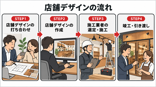 打ち合わせから竣工・引き渡しまで、店舗デザインを外注する際の4つの流れを示したフロー図