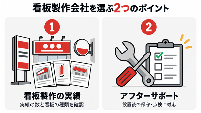 看板製作会社を選ぶ2つのポイント（製作実績・アフターサポート）をまとめた図
