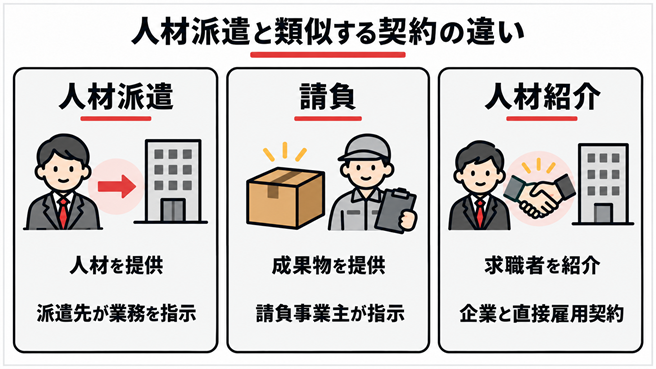 人材派遣・請負・人材紹介の3つの契約形態について、提供するものと指示・雇用の違いを比較した図