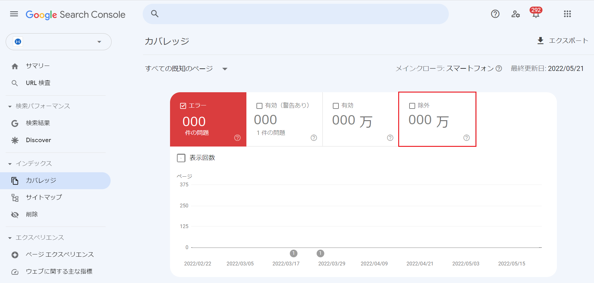 Search Console　除外をクリック