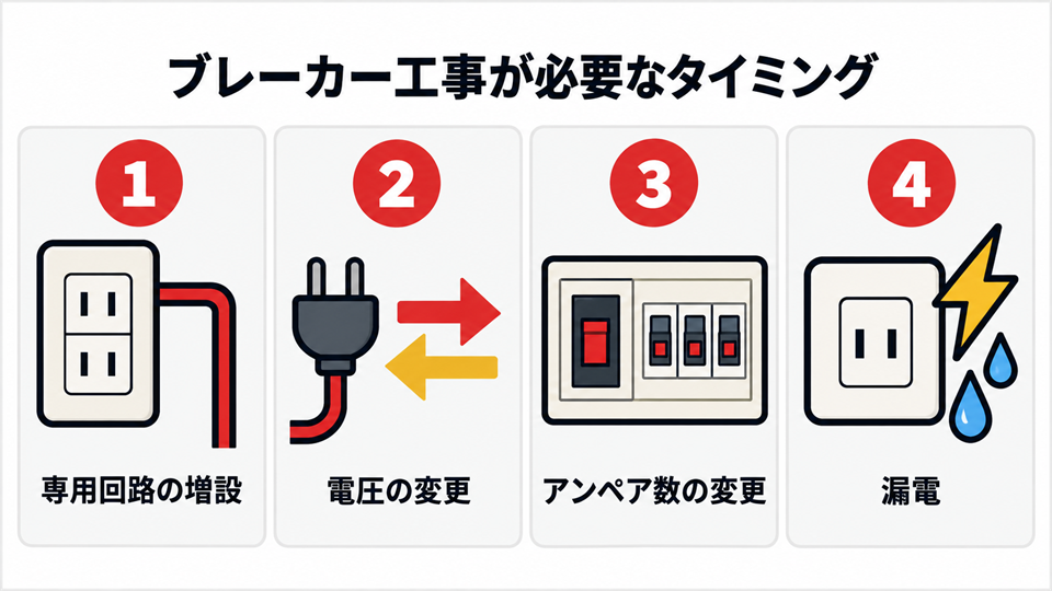 ブレーカー工事が必要になる4つのタイミングをまとめた図