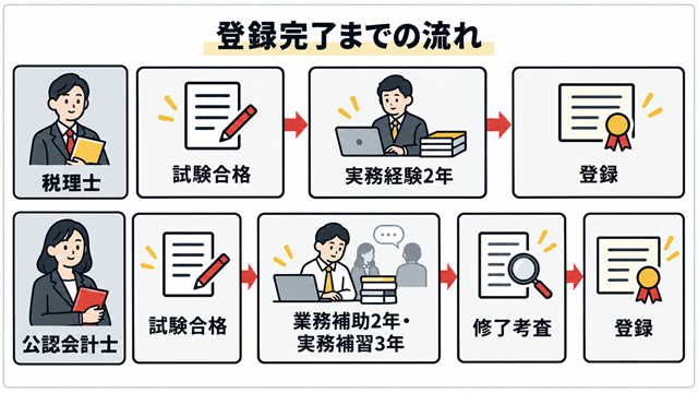 税理士と公認会計士の試験合格から登録完了までの流れを比較した図
