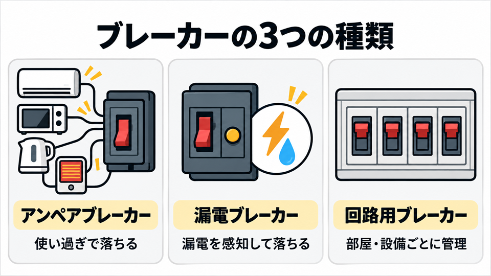 アンペアブレーカー・漏電ブレーカー・回路用ブレーカーの役割の違いをまとめた図