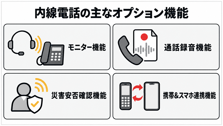 内線電話の主なオプション機能(モニター・通話録音・災害安否確認・携帯とスマホの連携)をまとめた図