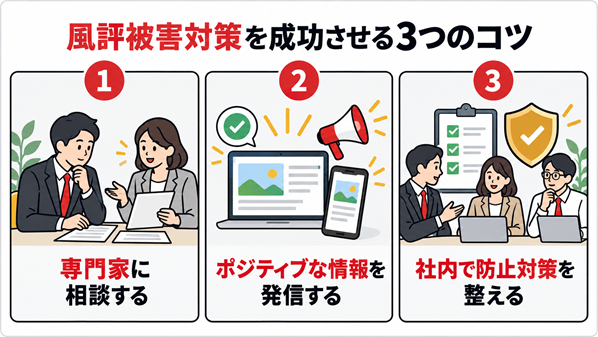 風評被害対策の依頼を成功させる3つのコツをまとめた図
