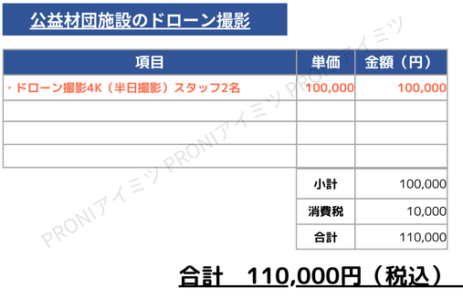 当社PRONIアイミツの取引情報をもとに再現した、公益財団のドローン撮影の見積書