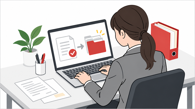 オフィスでパソコンを使い、年末調整の書類をデータで処理する担当者のイメージ