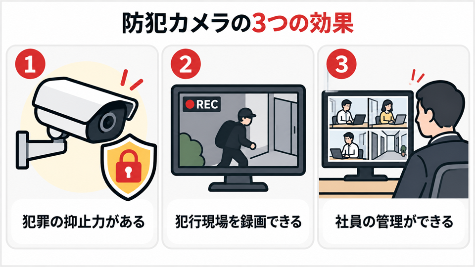 防犯カメラを設置することで得られる3つの効果をまとめた図