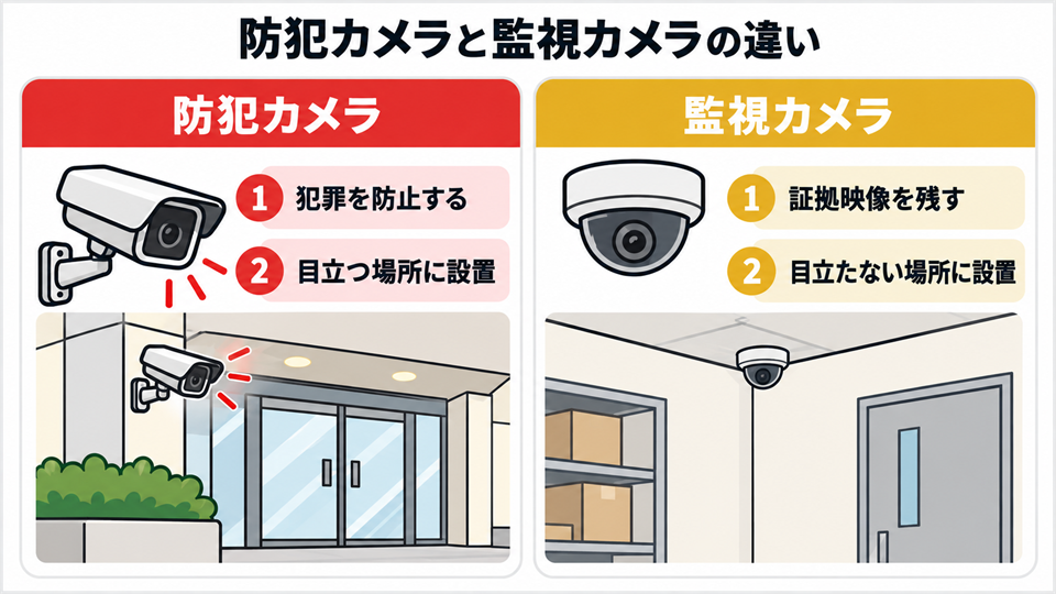 防犯カメラと監視カメラの役割と設置場所の違いを比較した図