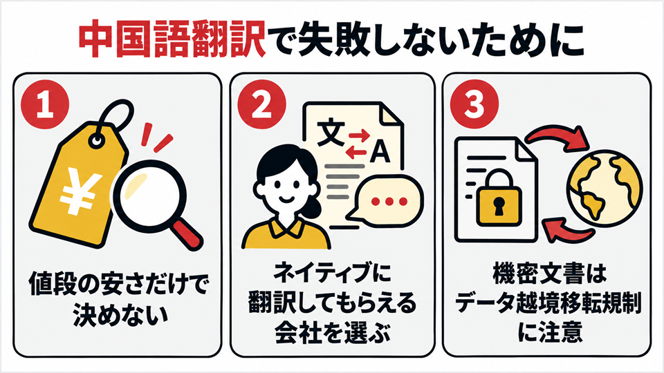 中国語翻訳の依頼で失敗しないための3つのポイントをまとめた図
