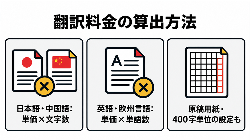 翻訳料金の算出方法(文字数・単語数・400字単位)をまとめた図